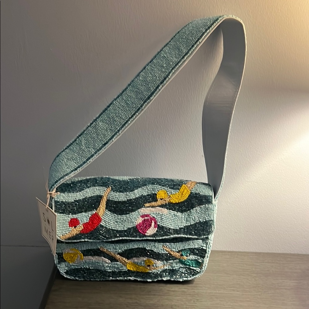 Stylish Blue Wave Pattern Women's Beaded Bag